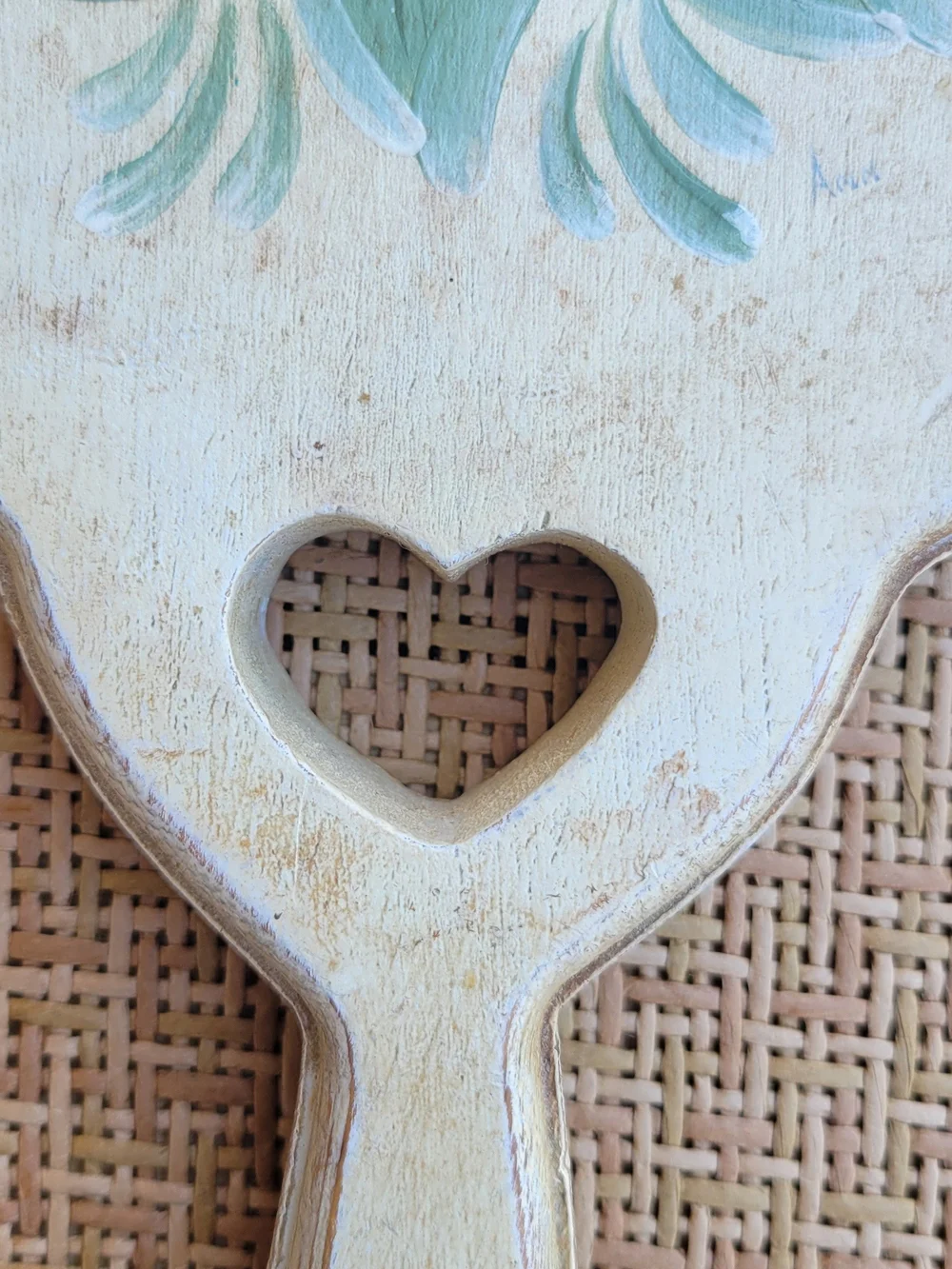 Vintage Hand Painted Floral Heart Handle Wooden Mirror